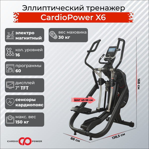 CardioPower X6 из каталога эллиптических тренажеров с изменяемым углом наклона рампы в Волгограде по цене 179900 ₽